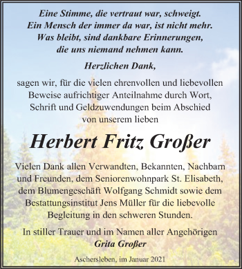 Traueranzeige von Herbert Fritz Großer von Mitteldeutsche Zeitung Aschersleben