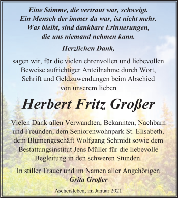 Traueranzeige von Herbert Fritz Großer von Super Sonntag Aschersleben