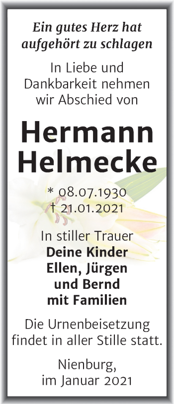 Traueranzeige von Hermann Helmecke von Mitteldeutsche Zeitung Bernburg