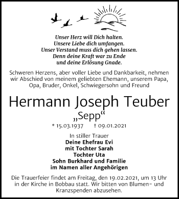 Traueranzeige von Hermann Joseph Teuber von Mitteldeutsche Zeitung Bitterfeld