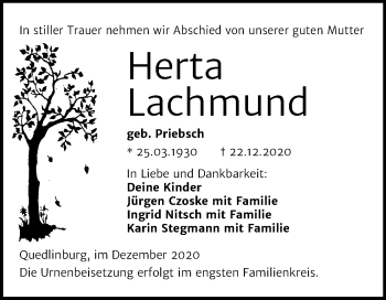 Traueranzeige von Herta Lachmund von Mitteldeutsche Zeitung Quedlinburg