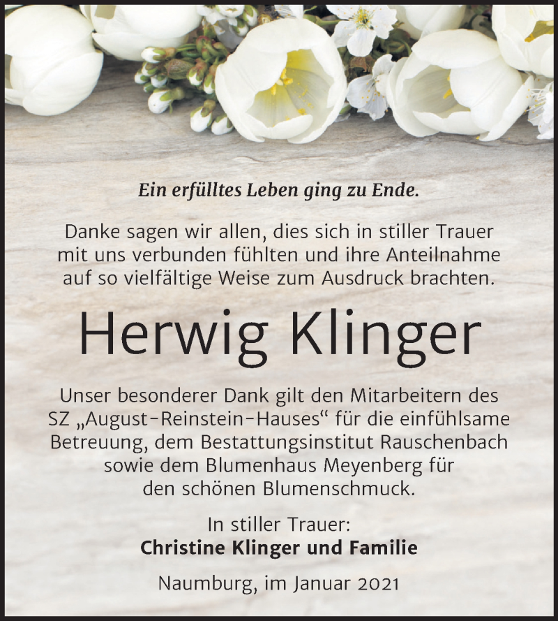  Traueranzeige für Herwig Klinger vom 30.01.2021 aus Mitteldeutsche Zeitung Naumburg/Nebra