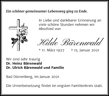 Traueranzeige von Hilde Bärenwald von Mitteldeutsche Zeitung Merseburg/Querfurt