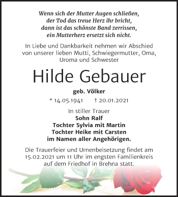 Traueranzeige von Hilde Gebauer von Mitteldeutsche Zeitung Bitterfeld