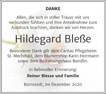 Traueranzeige von Hildegard Bleße von Super Sonntag Mansfelder Land
