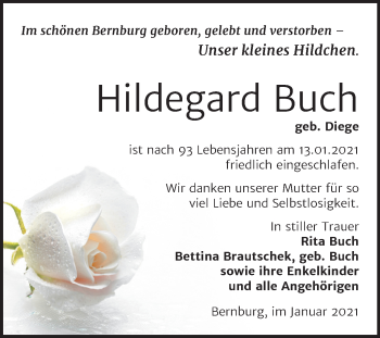 Traueranzeige von Hildegard Buch von Super Sonntag Bernburg