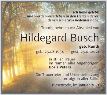 Traueranzeige von Hildegard Busch von Super Sonntag Mansfelder Land