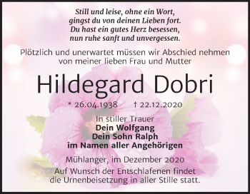 Traueranzeige von Hildegard Dobri von Super Sonntag Wittenberg