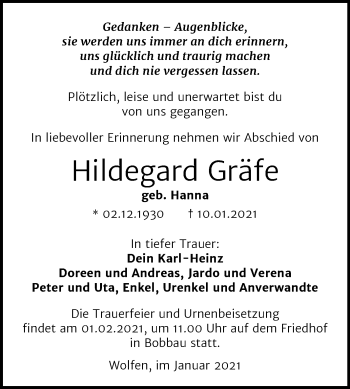 Traueranzeige von Hildegard Gräfe von Mitteldeutsche Zeitung Bitterfeld