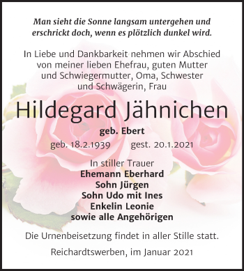Traueranzeige von Hildegard Jähnichen von Mitteldeutsche Zeitung Weißenfels
