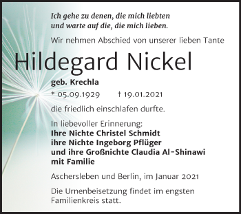 Traueranzeige von Hildegard Nickel von Super Sonntag Aschersleben