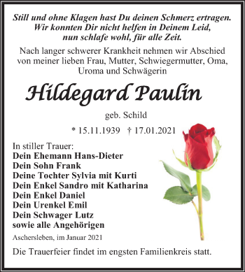 Traueranzeige von Hildegard Paulin von Mitteldeutsche Zeitung Aschersleben