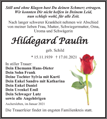 Traueranzeige von Hildegard Paulin von Super Sonntag Aschersleben