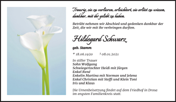Traueranzeige von Hildegard Schwarz von Mitteldeutsche Zeitung Köthen