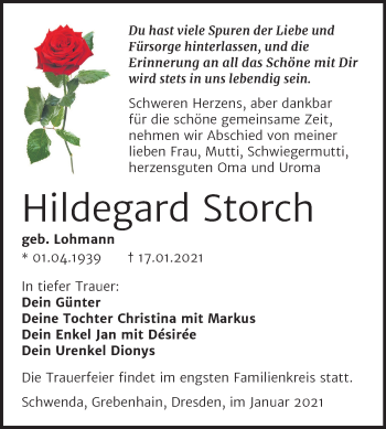 Traueranzeige von Hildegard Storch von Mitteldeutsche Zeitung Sangerhausen