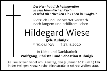 Traueranzeige von Hildegard Wiese von Mitteldeutsche Zeitung Bitterfeld