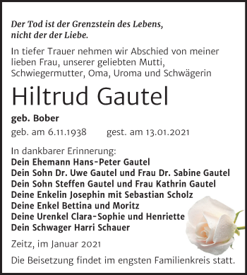 Traueranzeige von Hiltrud Gautel von Mitteldeutsche Zeitung Zeitz