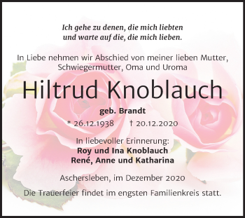 Traueranzeige von Hiltrud Knoblauch von Super Sonntag Aschersleben
