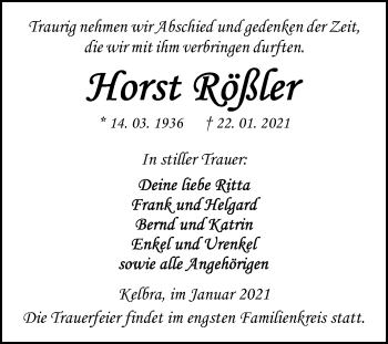 Traueranzeige von Hors Rößler von Mitteldeutsche Zeitung Sangerhausen