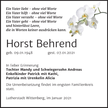 Traueranzeige von Horst Behrend von Super Sonntag Wittenberg