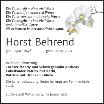 Traueranzeige von Horst Behrend von Mitteldeutsche Zeitung Wittenberg