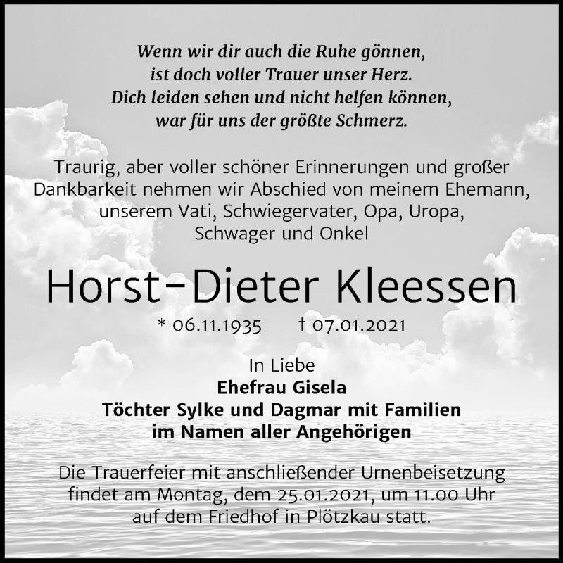  Traueranzeige für Horst-Dieter Kleessen vom 16.01.2021 aus Super Sonntag Bernburg