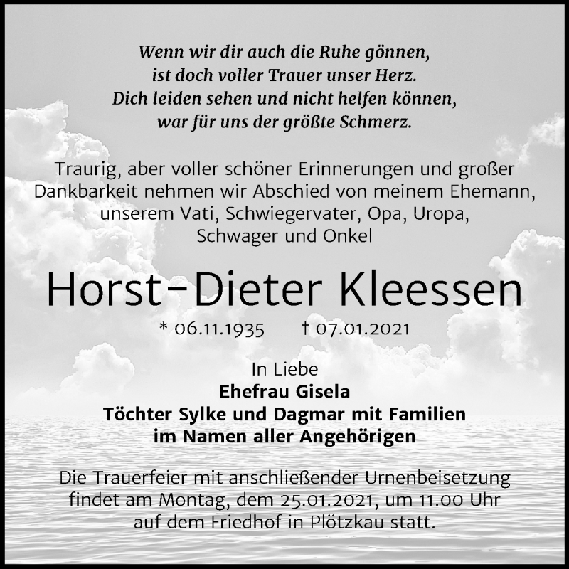  Traueranzeige für Horst-Dieter Kleessen vom 16.01.2021 aus Mitteldeutsche Zeitung Bernburg