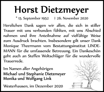 Traueranzeige von Horst Dietzmeyer von Mitteldeutsche Zeitung Quedlinburg