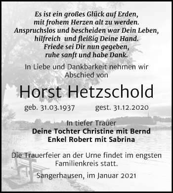 Traueranzeige von Horst Hetzschold von Mitteldeutsche Zeitung Sangerhausen