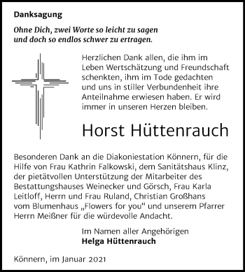 Traueranzeige von Horst Hüttenrauch von Mitteldeutsche Zeitung Bernburg