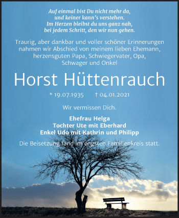 Traueranzeige von Horst Hüttenrauch von Mitteldeutsche Zeitung Bernburg