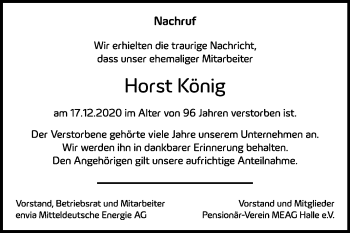 Traueranzeige von Horst König von Super Sonntag Köthen