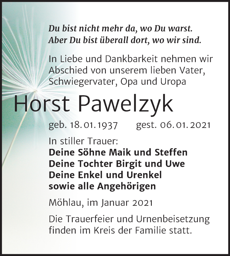  Traueranzeige für Horst Pawelzyk vom 16.01.2021 aus Mitteldeutsche Zeitung Wittenberg