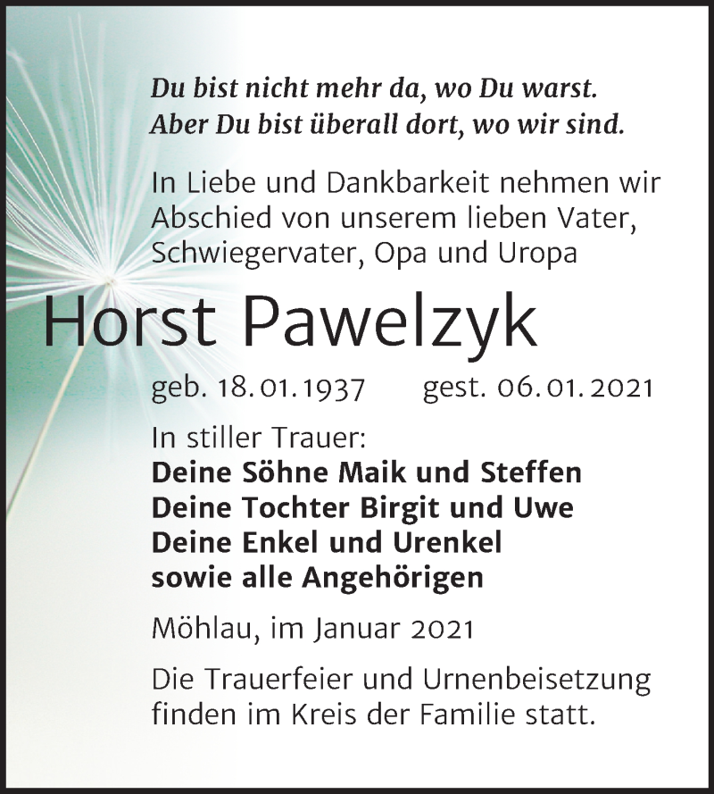  Traueranzeige für Horst Pawelzyk vom 16.01.2021 aus Super Sonntag Wittenberg