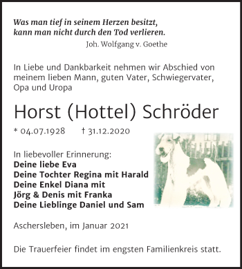 Traueranzeige von Horst  Schröder von Mitteldeutsche Zeitung Aschersleben