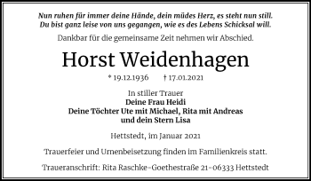 Traueranzeige von Horst Weidenhagen von Mitteldeutsche Zeitung Mansfelder Land