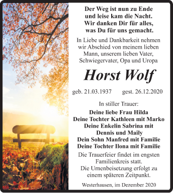 Traueranzeige von Horst Wolf von Mitteldeutsche Zeitung Quedlinburg