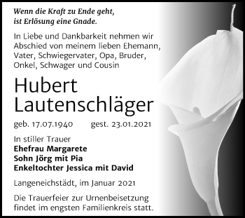 Traueranzeige von Hubert Lautenschläger von Mitteldeutsche Zeitung Merseburg/Querfurt