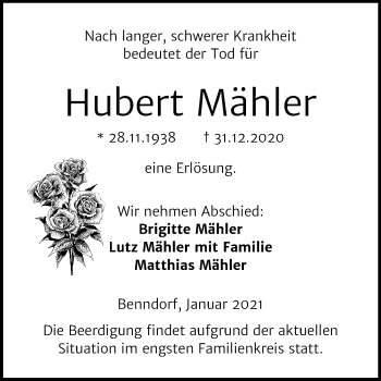 Traueranzeige von Hubert Mähler von Mitteldeutsche Zeitung Mansfelder Land
