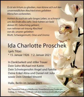Traueranzeige von Ida Charlotte Proschek von Mitteldeutsche Zeitung Halle/Saalkreis