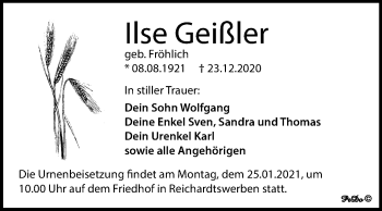 Traueranzeige von Ilse Geißler von Mitteldeutsche Zeitung Weißenfels