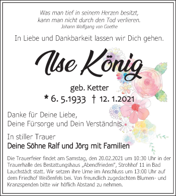 Traueranzeige von Ilse König von Mitteldeutsche Zeitung Weißenfels