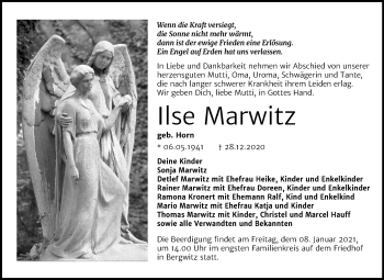 Traueranzeige von Ilse Marwitz von Mitteldeutsche Zeitung Wittenberg