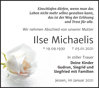 Traueranzeige von Ilse Michaelis von Mitteldeutsche Zeitung Wittenberg