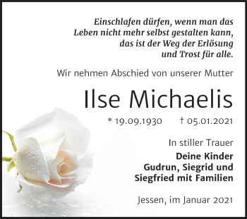 Traueranzeige von Ilse Michaelis von Super Sonntag Wittenberg