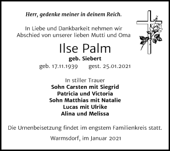 Traueranzeige von Ilse Palm von Mitteldeutsche Zeitung Dessau-Roßlau