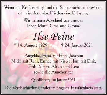 Traueranzeige von Ilse Peine von Super Sonntag Quedlinburg