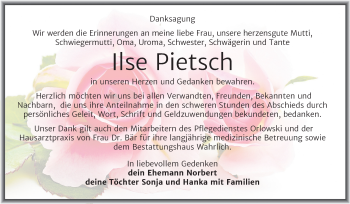 Traueranzeige von Ilse Pietsch von Mitteldeutsche Zeitung Mansfelder Land
