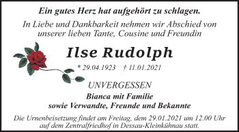 Traueranzeige von Ilse Rudolph von Super Sonntag Dessau-Roßlau