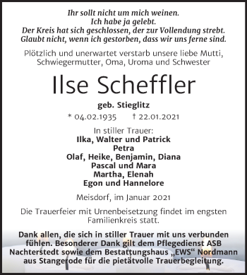 Traueranzeige von Ilse Scheffler von Super Sonntag Quedlinburg